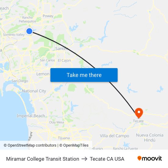 Miramar College Transit Station to Tecate CA USA map