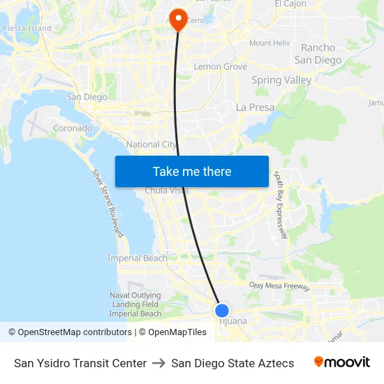 San Ysidro Transit Center to San Diego State Aztecs map