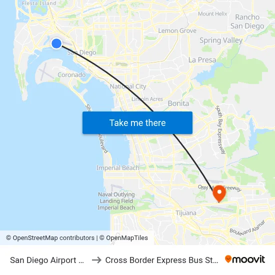 San Diego Airport SAN to Cross Border Express Bus Station map