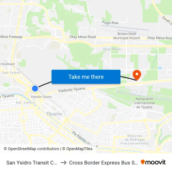 San Ysidro Transit Center to Cross Border Express Bus Station map