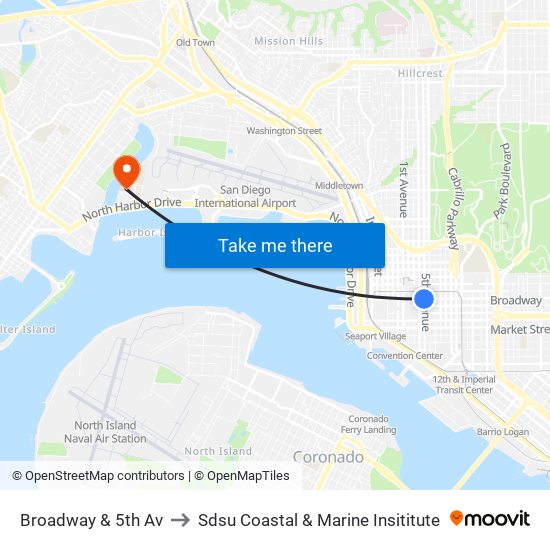Broadway & 5th Av to Sdsu Coastal & Marine Insititute map