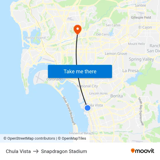 Chula Vista to Snapdragon Stadium map
