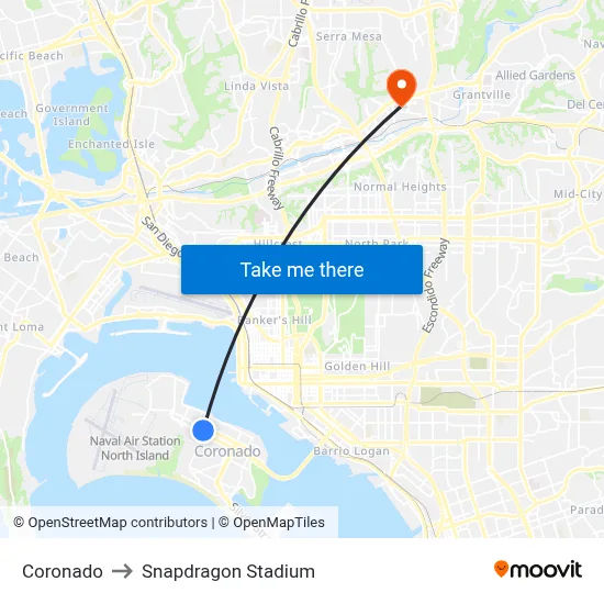 Coronado to Snapdragon Stadium map