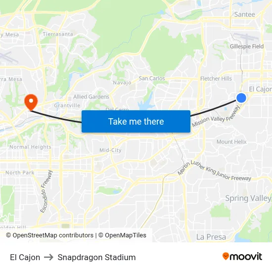 El Cajon to Snapdragon Stadium map