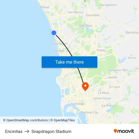Encinitas to Snapdragon Stadium map