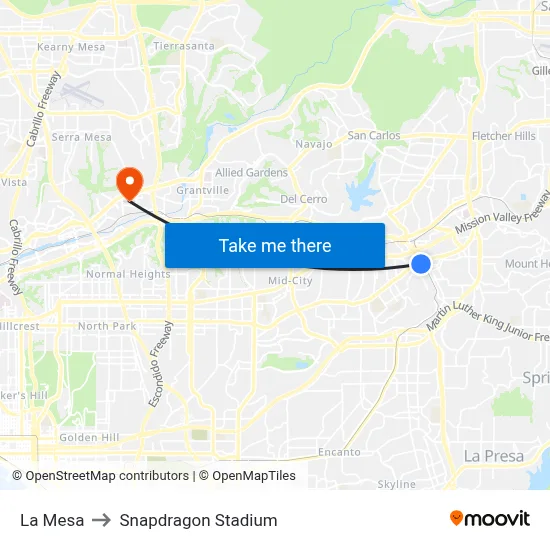 La Mesa to Snapdragon Stadium map