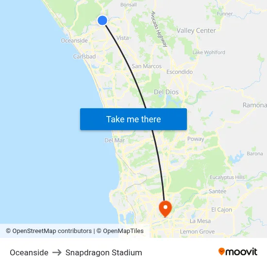 Oceanside to Snapdragon Stadium map
