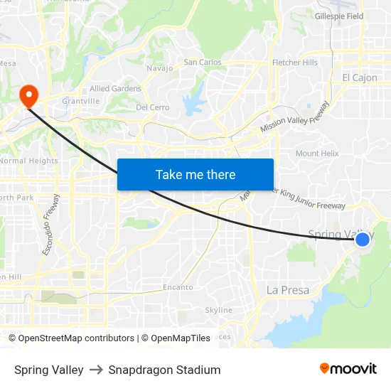 Spring Valley to Snapdragon Stadium map