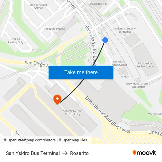 San Ysidro Bus Terminal to Rosarito map