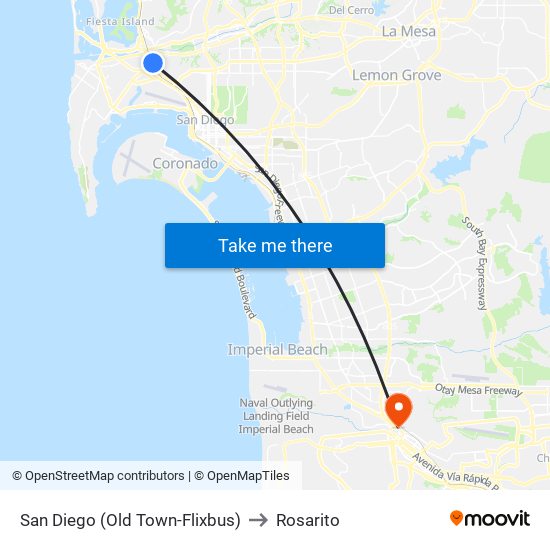 San Diego (Old Town-Flixbus) to Rosarito map