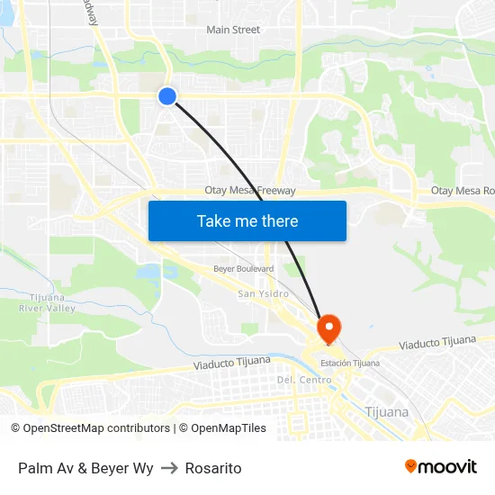 Palm Av & Beyer Wy to Rosarito map