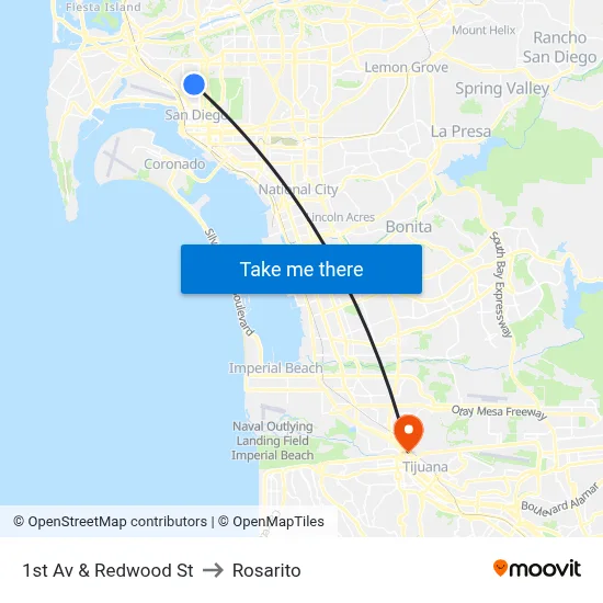 1st Av & Redwood St to Rosarito map