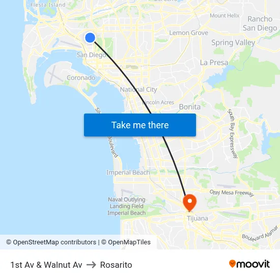 1st Av & Walnut Av to Rosarito map