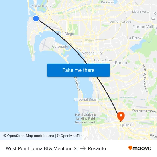 West Point Loma Bl & Mentone St to Rosarito map