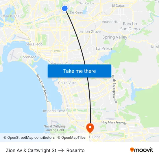 Zion Av & Cartwright St to Rosarito map