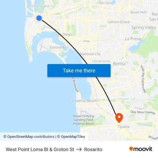 West Point Loma Bl & Groton St to Rosarito map