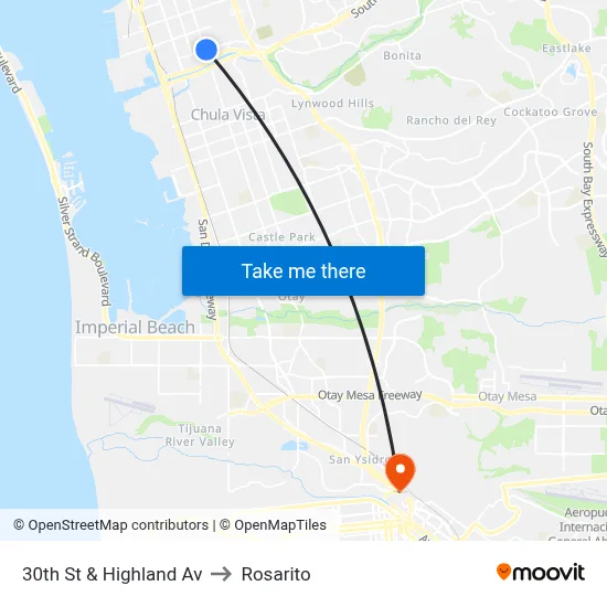 30th St & Highland Av to Rosarito map