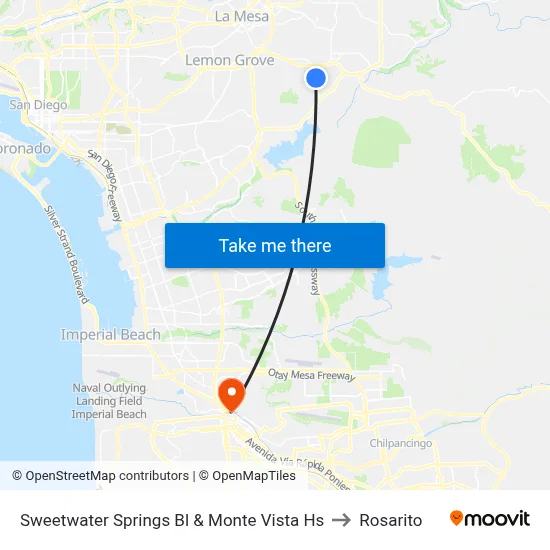 Sweetwater Springs Bl & Monte Vista Hs to Rosarito map