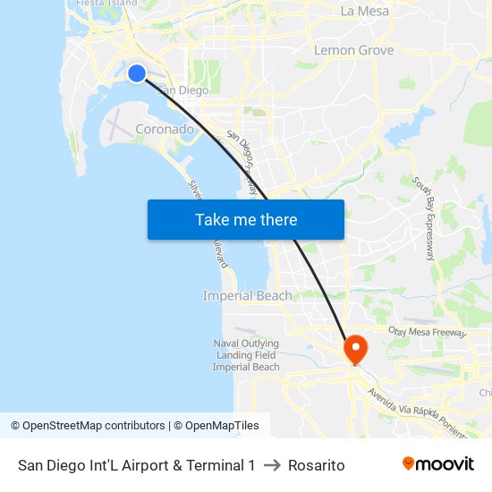 San Diego Int'L Airport & Terminal 1 to Rosarito map