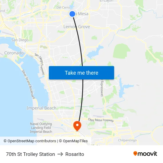 70th St Trolley Station to Rosarito map