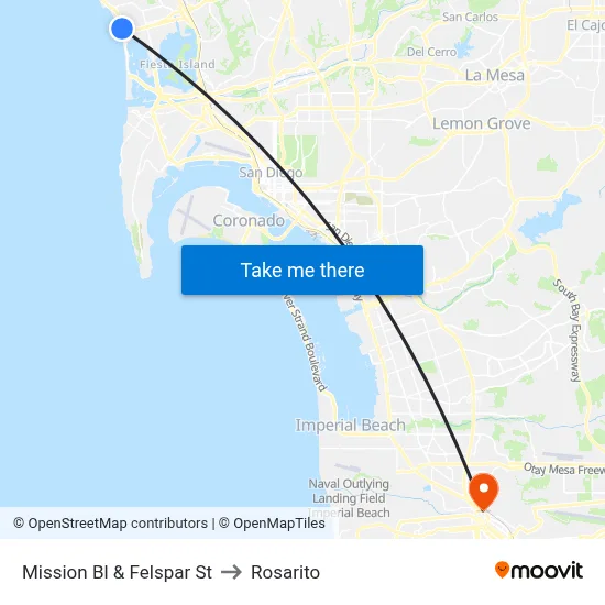 Mission Bl & Felspar St to Rosarito map