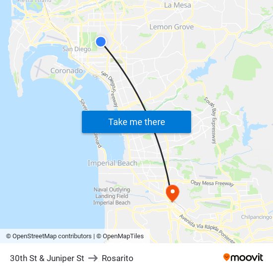 30th St & Juniper St to Rosarito map