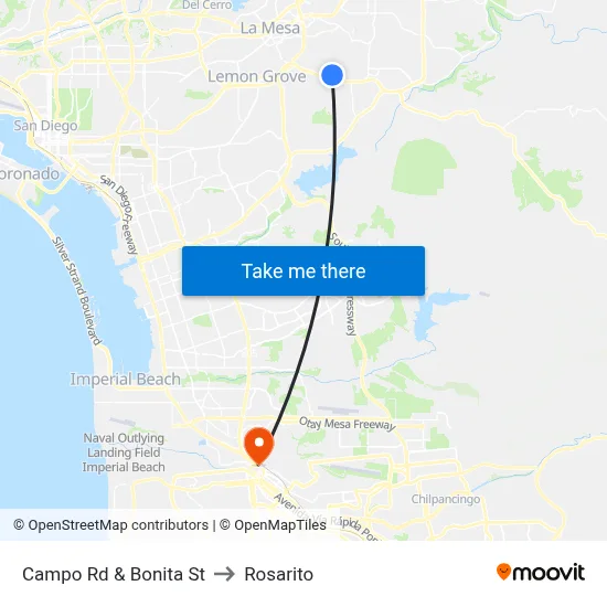 Campo Rd & Bonita St to Rosarito map