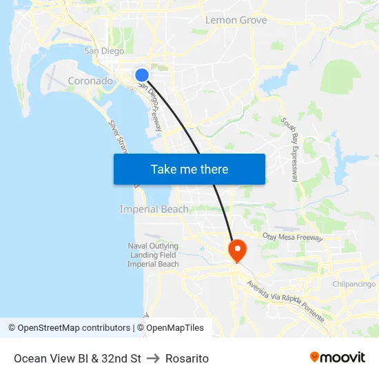 Ocean View Bl & 32nd St to Rosarito map