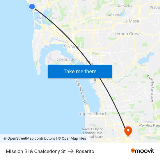 Mission Bl & Chalcedony St to Rosarito map