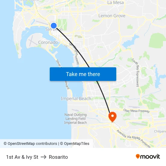 1st Av & Ivy St to Rosarito map