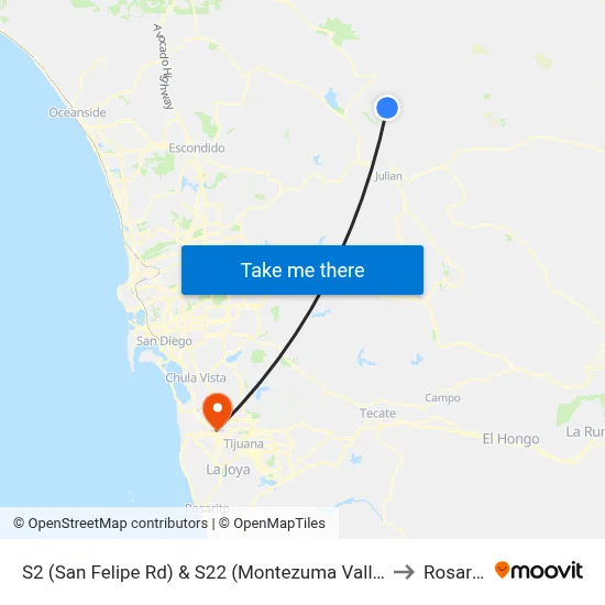 S2 (San Felipe Rd) & S22 (Montezuma Valley Rd) to Rosarito map