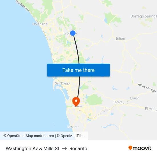 Washington Av & Mills St to Rosarito map