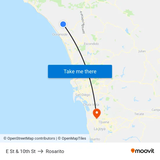 E St & 10th St to Rosarito map