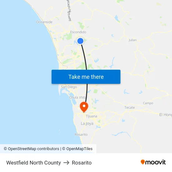 Westfield North County to Rosarito map
