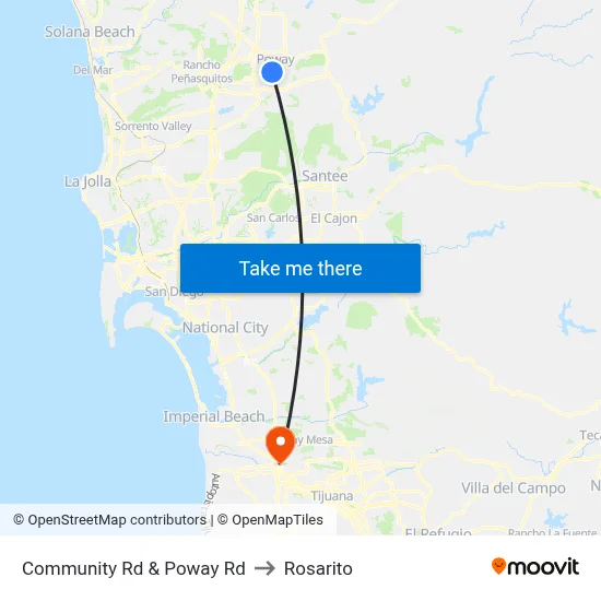 Community Rd & Poway Rd to Rosarito map