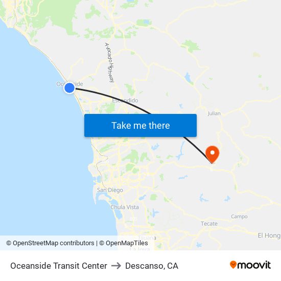 Oceanside Transit Center to Descanso, CA map