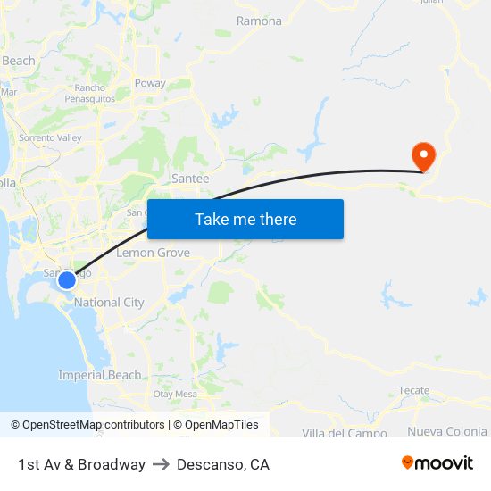 1st Av & Broadway to Descanso, CA map