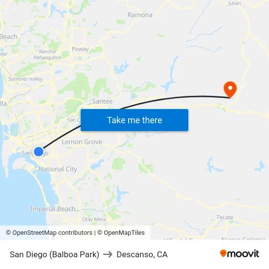 San Diego (Balboa Park) to Descanso, CA map