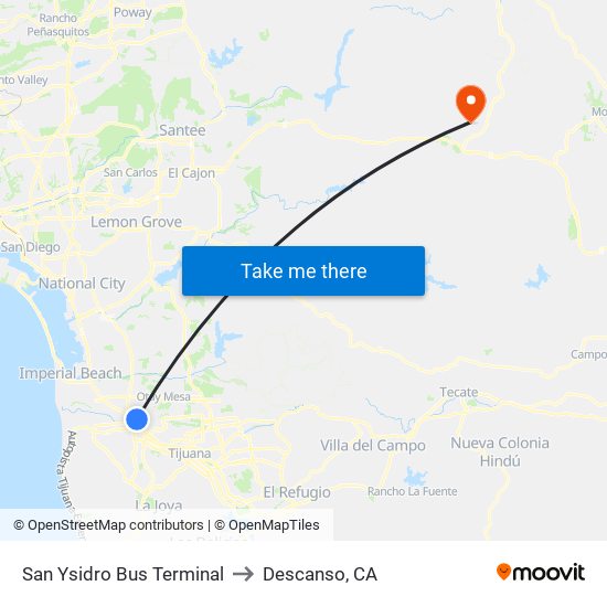 San Ysidro Bus Terminal to Descanso, CA map