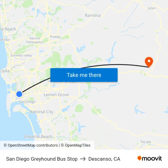 San Diego Greyhound Bus Stop to Descanso, CA map