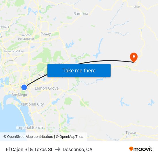 El Cajon Bl & Texas St to Descanso, CA map