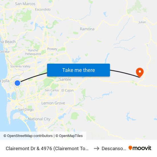 Clairemont Dr & 4976 (Clairemont Town Square) to Descanso, CA map