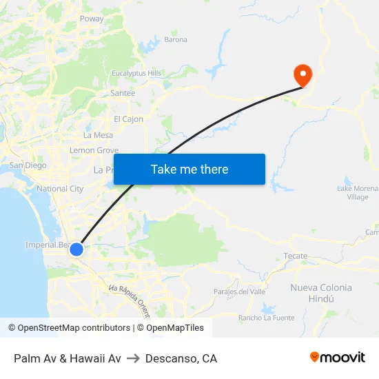 Palm Av & Hawaii Av to Descanso, CA map