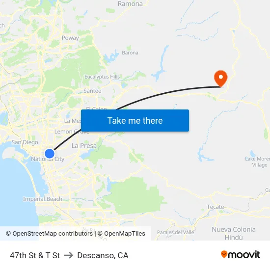 47th St & T St to Descanso, CA map