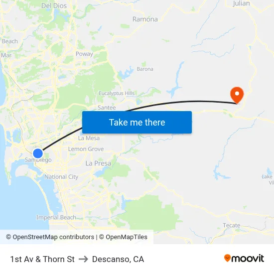 1st Av & Thorn St to Descanso, CA map