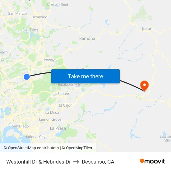 Westonhill Dr & Hebrides Dr to Descanso, CA map