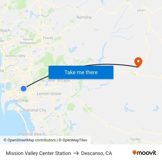 Mission Valley Center Station to Descanso, CA map
