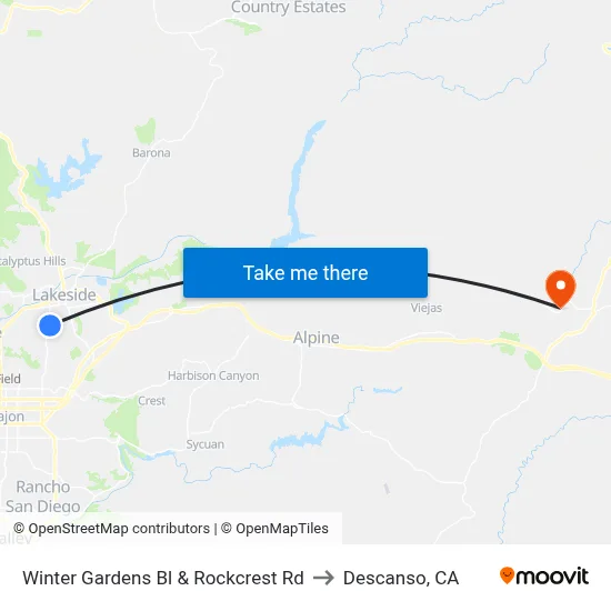 Winter Gardens Bl & Rockcrest Rd to Descanso, CA map