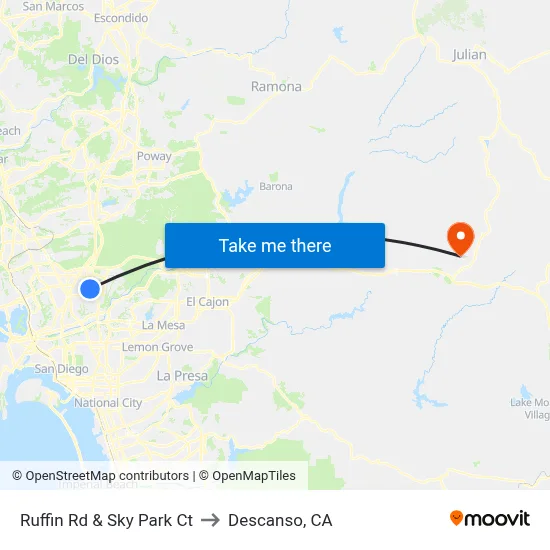 Ruffin Rd & Sky Park Ct to Descanso, CA map