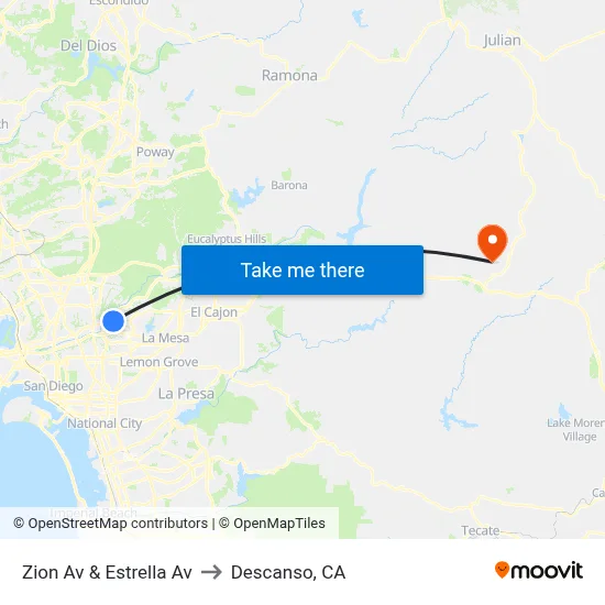 Zion Av & Estrella Av to Descanso, CA map